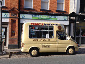 Ice Cream Van outside Ballybrack with no flag and CU sign - straight on view