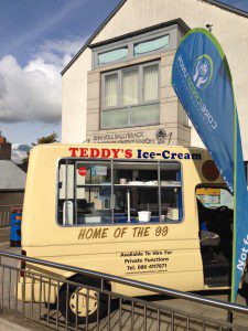 Ice Cream Van outside Shankill - back of van flags