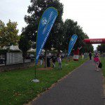 Photo of tear drop banners and finish line