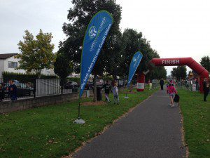 Photo of tear drop banners and finish line