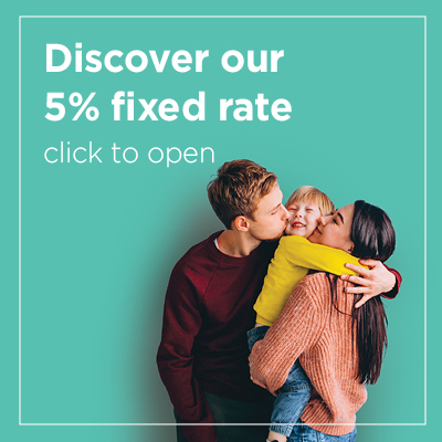 Image link to click through to landing page focussing on our 5 percent Fixed Rate mortgage.