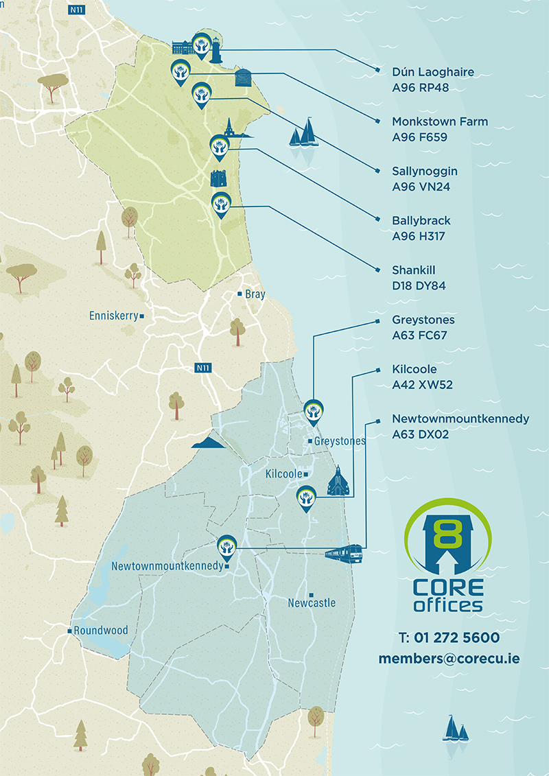 Map illustrating the locations of the eight Core Credit Union Offices